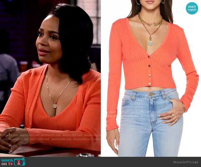 Ramy Brook Corey Cardigan in Mimosa worn by Randi (Kyla Pratt) on Call Me Kat