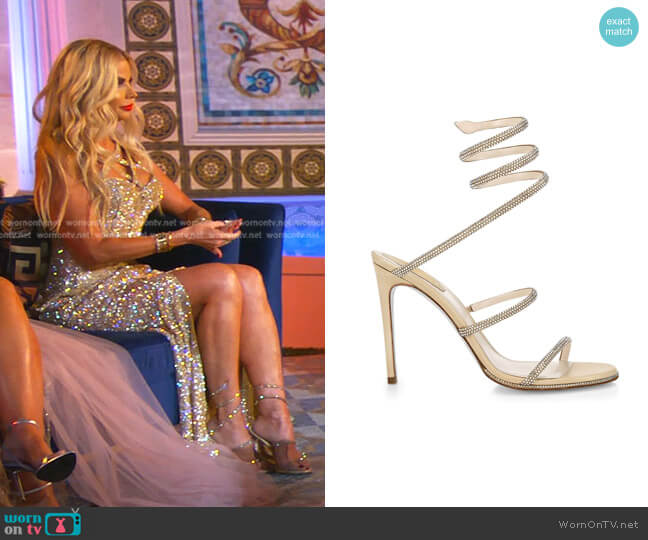 Rene Caovilla Cleo Crystal-Embellished Wrap Sandals worn by Alexia Echevarria (Alexia Echevarria) on The Real Housewives of Miami