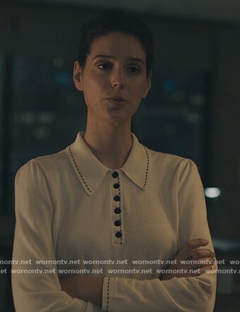 Rian’s white contrast stitch sweater on Billions