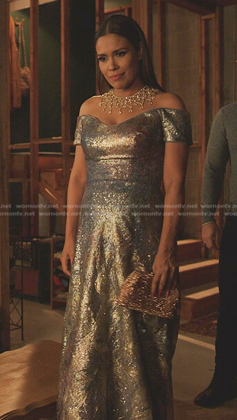 Rita’s sequin off-shoulder gown on Dynasty