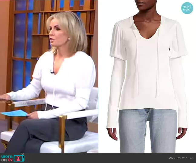 Rebecca Taylor Ruffle Rib-Knit Puff-Sleeve Pullover worn by Dr. Jennifer Ashton on Good Morning America