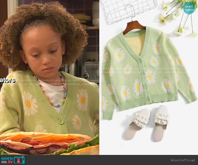 Shein Girls Floral Pattern Button Front Cardigan worn by Alice Baxter (Mykal-Michelle Harris) on Ravens Home