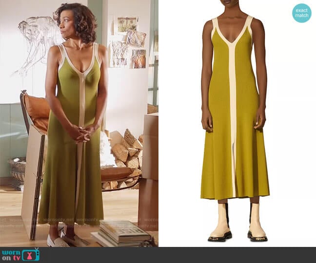 Sandro Elwire Ribbed Midi Dress worn by Melanie Pierce (Devika Parikh) on The Kings of Napa
