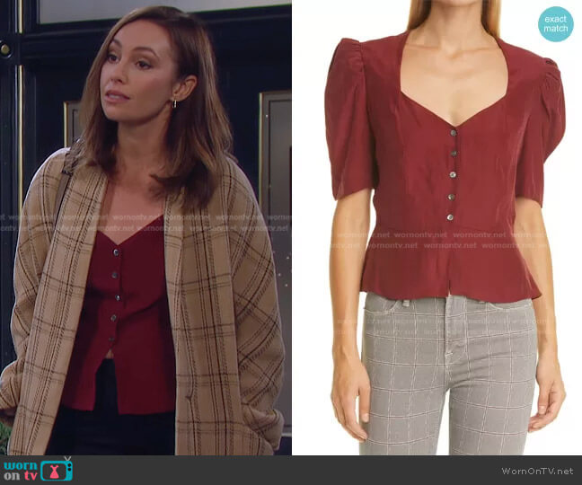 Frame Shirred Silk Peplum Blouse worn by Gwen Rizczech (Emily O'Brien) on Days of our Lives