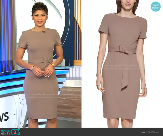 Calvin Klein Short-Sleeve Belted Sheath Dress worn by Jericka Duncan on CBS Evening News