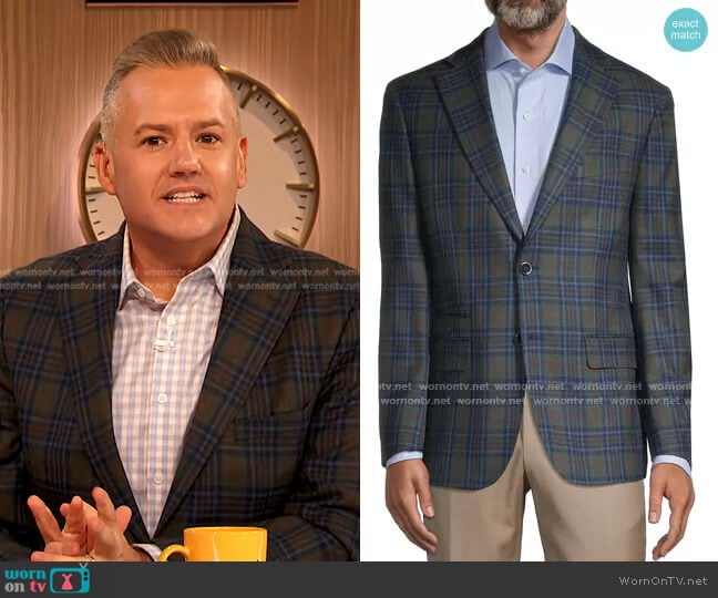 Tallia Slim-Fit Green Plaid Sport Coat worn by Ross Mathews on The Drew Barrymore Show