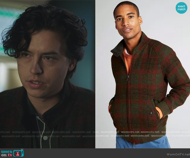 Todd Snyder Harris Tweed Varsity Jacket in Olive worn by Jughead Jones (Cole Sprouse) on Riverdale