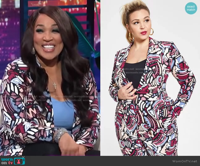 Nina Parker Trendy Plus Size Printed Blazer in Multi-Color Abstract Print worn by Kym Whitley on E! News