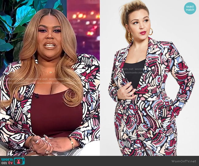 Nina Parker Trendy Plus Size Printed Blazer in Multi-Color Abstract Print worn by Nina Parker on E! News