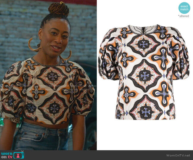 Ulla Johnson Gaia Geometric-Print Blouse worn by Malika Williams (Zuri Adele) on Good Trouble