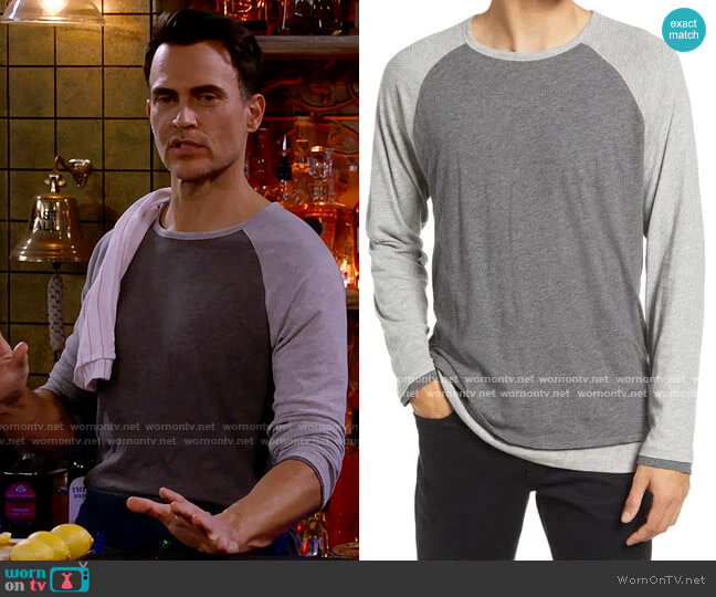 Vince Double Layer Baseball Crewneck Shirt in Heather Grey / Med Heather Grey worn by Max (Cheyenne Jackson) on Call Me Kat