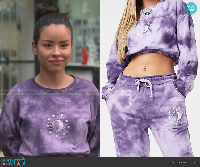 Wednesday's Girl Coordinating Cropped Sweatshirt with Celestial Print in Tie Dye worn by Mariana Foster (Cierra Ramirez) on Good Trouble