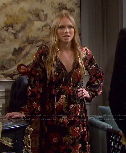 Abigail’s black floral tie neck dress on Days of our Lives