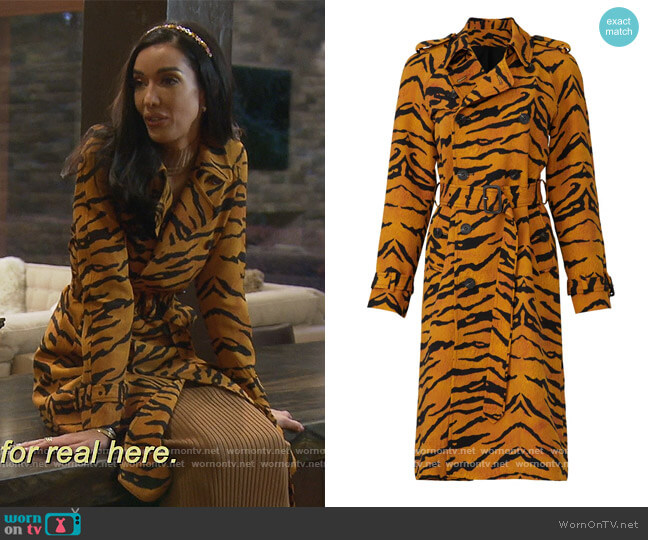 Adam Lippes Tiger Print Trench Coat worn by Noella Bergener on The Real Housewives of Orange County