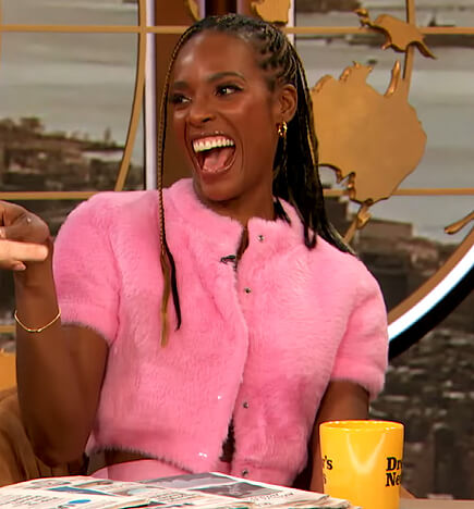 Zainab Johnson’s pink fluffy short sleeve sweater on The Drew Barrymore Show
