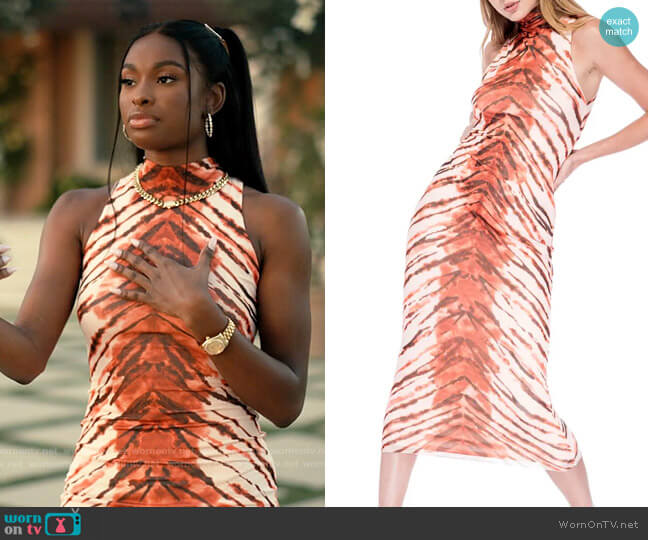 AFRM Poste Dress in Placement Tiger worn by Hilary Banks (Coco Jones) on Bel-Air