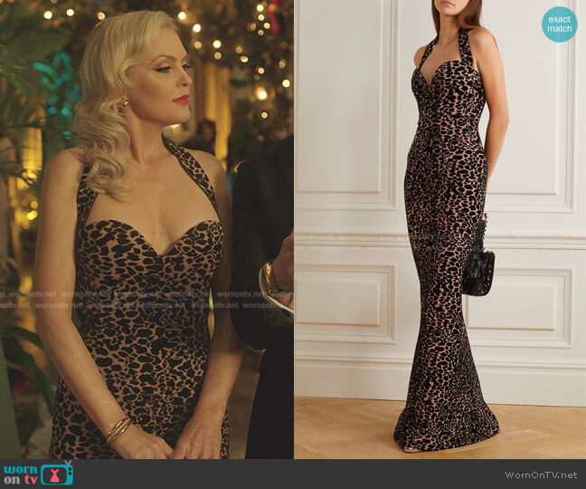 Alaia Leopard Jacquard-Knit Halterneck Gown worn by Alexis Carrington (Elaine Hendrix) on Dynasty