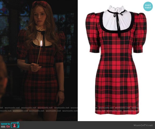 Alessandra Rich Tartan Check print wool dress worn by Cheryl Blossom (Madelaine Petsch) on Riverdale