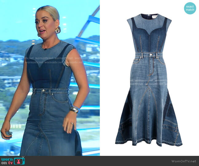 Alexander McQueen Reconstructed Denim Midi Dress worn by Katy Perry on American Idol