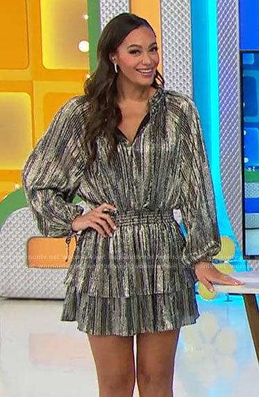Alexis’s metallic gold tiered mini dress on The Price is Right