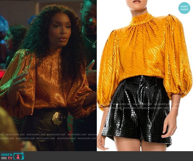 Alice + Olivia Annabelle Mock Neck Puff Sleeve Top worn by Zoey Johnson (Yara Shahidi) on Grown-ish