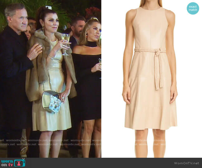 Alice + Olivia Leandra Faux Leather Belted Dress worn by Heather Dubrow on The Real Housewives of Orange County