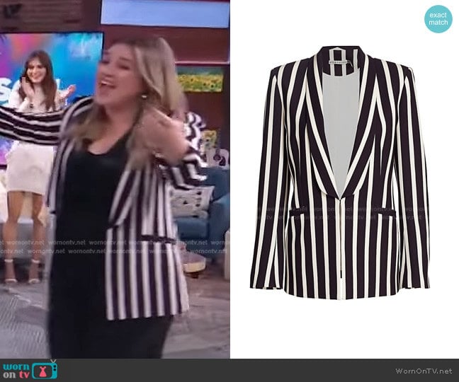 Alice + Olivia Skye Stripe Strong Shoulder Blazer worn by Kelly Clarkson on The Kelly Clarkson Show