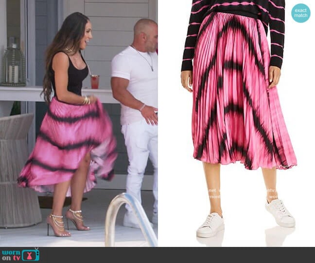 Alice + Olivia Katz Tie Dyed Pleated Midi Skirt worn by Melissa Gorga on The Real Housewives of New Jersey