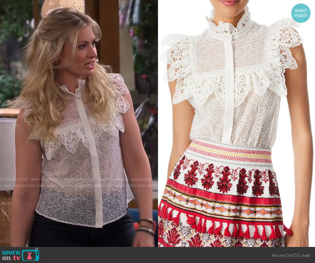 Alice + Olivia Marian Eyelet & Ruffle Blouse worn by Gemma (Beth Behrs) on The Neighborhood