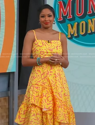 Alicia’s yellow printed ruffle dress on Good Morning America