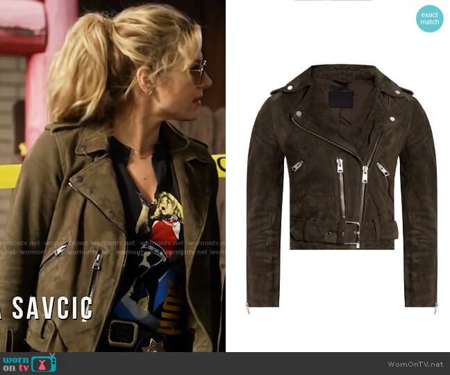 All Saints Balfern Suede Biker Jacket worn by Jenny Hoyt (Katheryn Winnick) on Big Sky