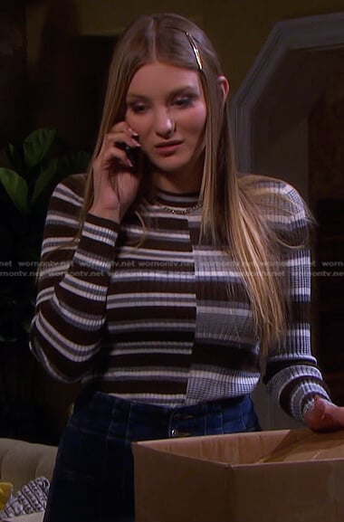 Allie’s brown and grey striped sweater on Days of our Lives