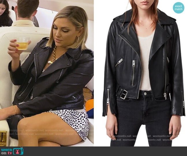 All Saints Balfern Leather Biker Jacket worn by Gina Kirschenheiter on The Real Housewives of Orange County