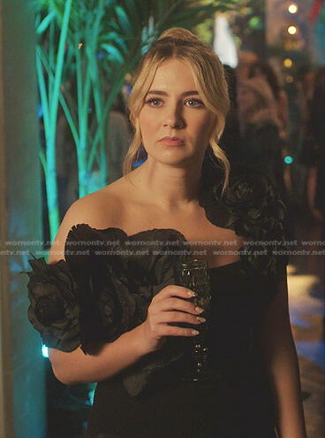 Amanda’s black floral applique dress on Dynasty