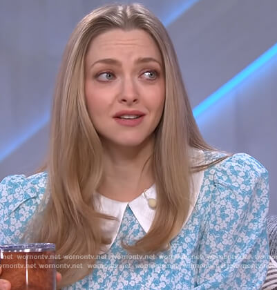 Amanda Seyfried’s blue floral button detail dress on The Kelly Clarkson Show