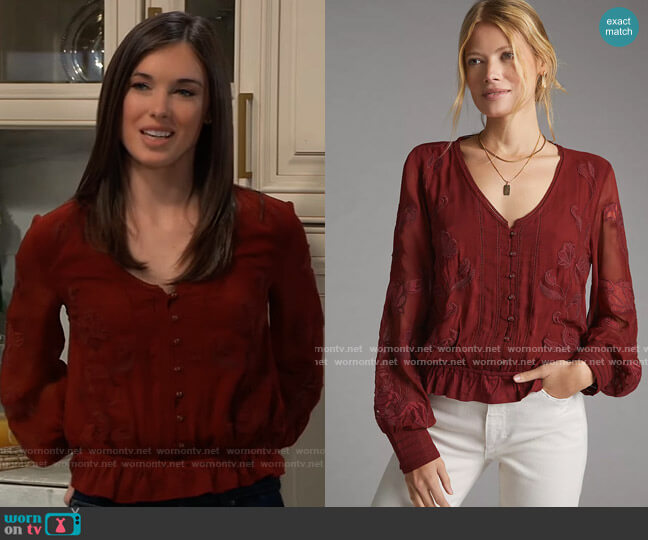 Anthropologie Embroidered Floral Buttondown worn by Willow Tait (Katelyn MacMullen) on General Hospital