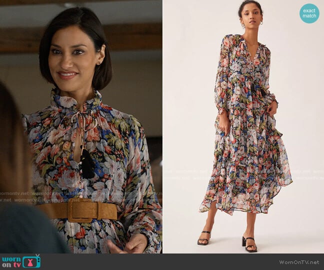 Anthropologie Floral Tiered Maxi Dress in Black Motif worn by Ren (Janina Gavankar) on Big Sky