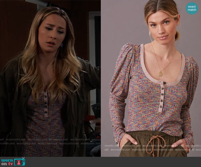 Anthropologie Puff-Sleeved Knit Henley Top worn by Josslyn Jacks (Eden McCoy) on General Hospital