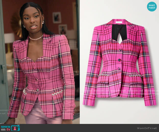 Area Hourglass cutout crystal-embellished checked Blazer worn by Hilary Banks (Coco Jones) on Bel-Air