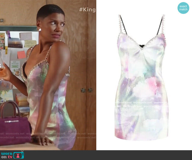 Area Crystal-trim cloud-print dress worn by Rose King (Samantha Walkes) on The Kings of Napa