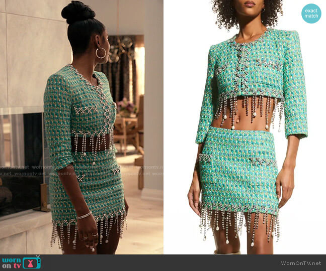 Area Cropped Tweed Blazer w/ Pearl Drop Fringe worn by Hilary Banks (Coco Jones) on Bel-Air