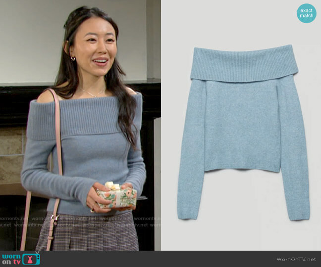 Babaton Bustle Sweater in Heather Dream Blue worn by Allie Nguyen (Kelsey Wang) on The Young and the Restless