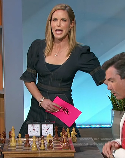 Natalie’s denim contrast stitch mini dress on The Talk