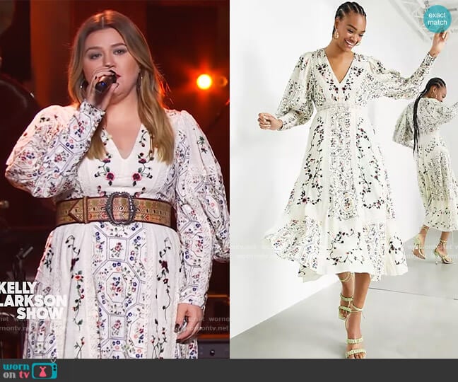 ASOS Floral Embroidered Midi Dress with lace inserts worn by Kelly Clarkson on The Kelly Clarkson Show
