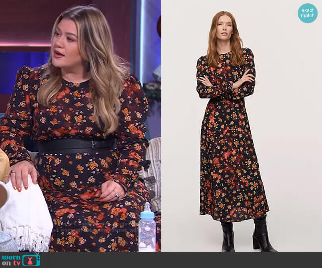 Mango Midi Dress in 70's floral worn by Kelly Clarkson on The Kelly Clarkson Show