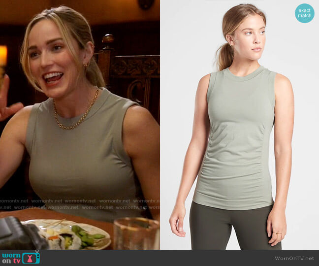 Athleta Foresthill Ascent Tank in Sage worn by Sara Lance (Caity Lotz) on Legends of Tomorrow