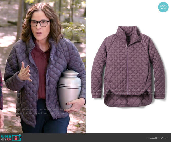 Athleta Whisper Featherless Jacket in Dark Sky Violet worn by Carol (Ally Sheedy) on Single Drunk Female