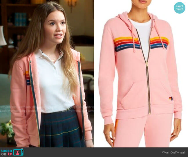 Aviator Nation Rainbow-Stripe Hoodie in Blush worn by Orly Bremer (Kyla Kenedy) on Mr Mayor