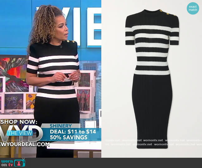 Balmain Button-embellished striped ribbed wool midi dress worn by Sunny Hostin on The View