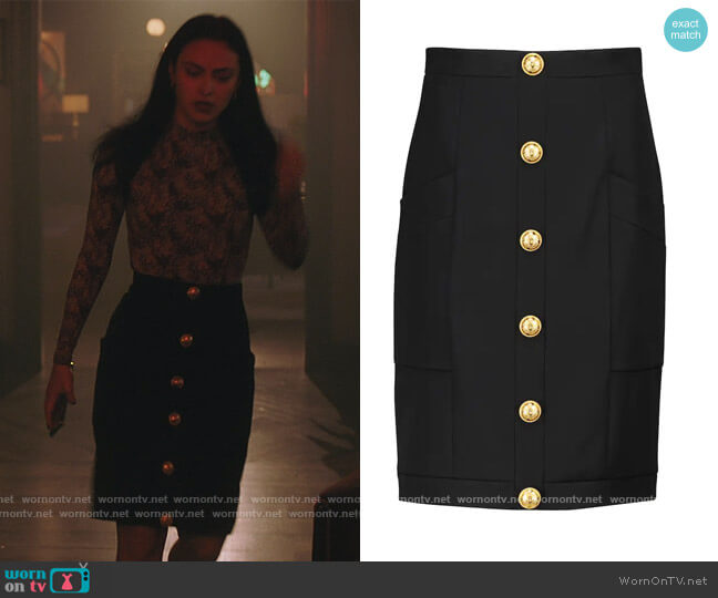 Balmain Buttoned wool skirt worn by Veronica Lodge (Camila Mendes) on Riverdale